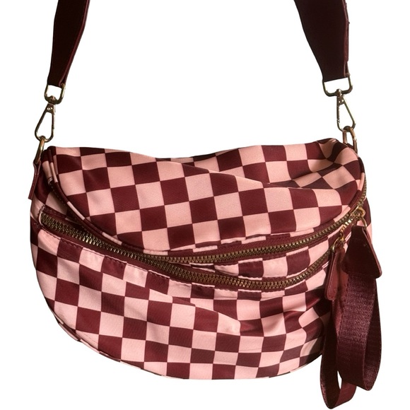 Checkered Crossbody Bum Bag — Maroon & Light Pink - Picture 1 of 8